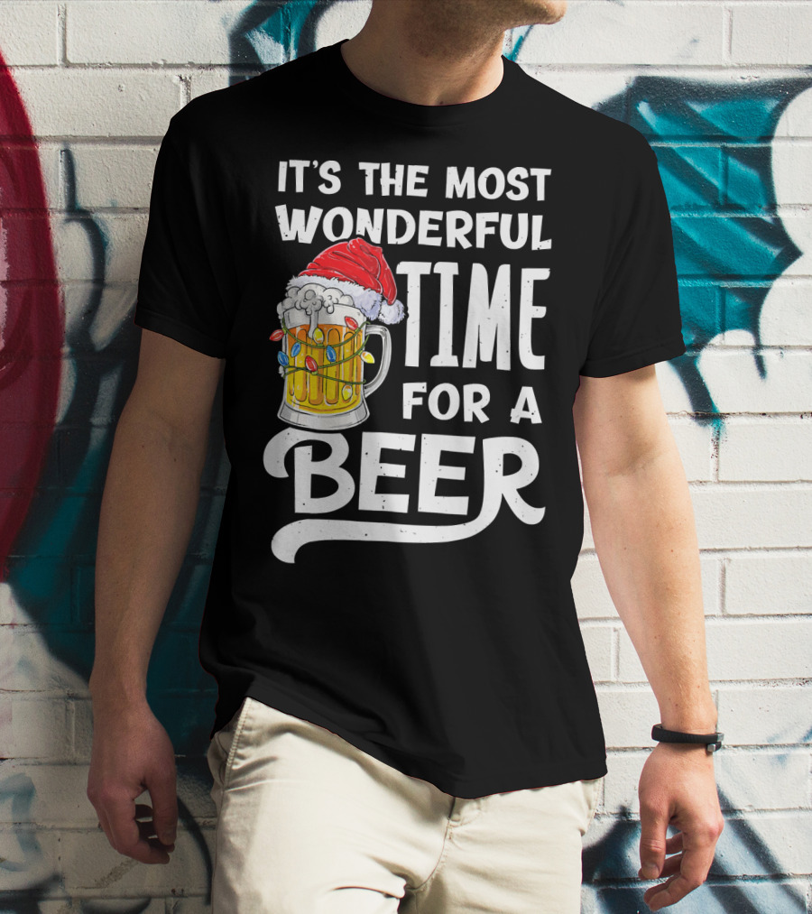 It's The Most Wonderful Time For A Beer With Santa Hat And Holiday Lights T-Shirt