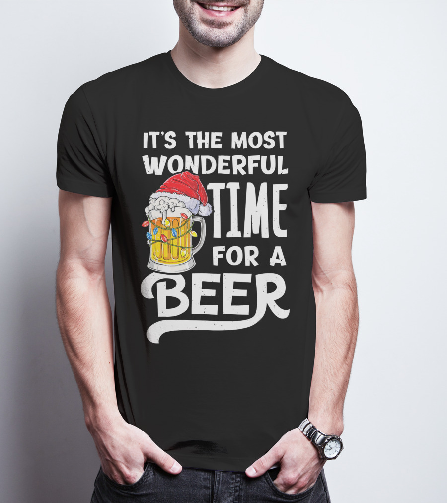 It's The Most Wonderful Time For A Beer With Santa Hat And Holiday Lights T-Shirt