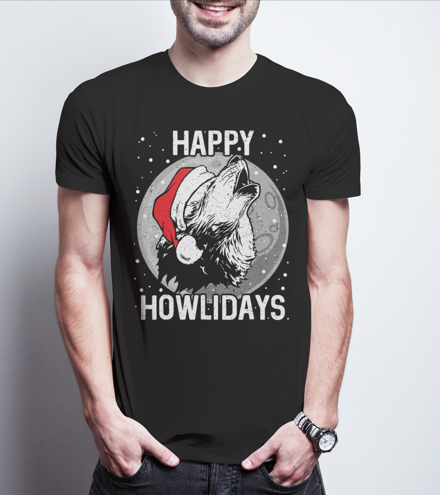 Happy Howlidays Christmas Wolf Santa Hat Moon T-Shirt