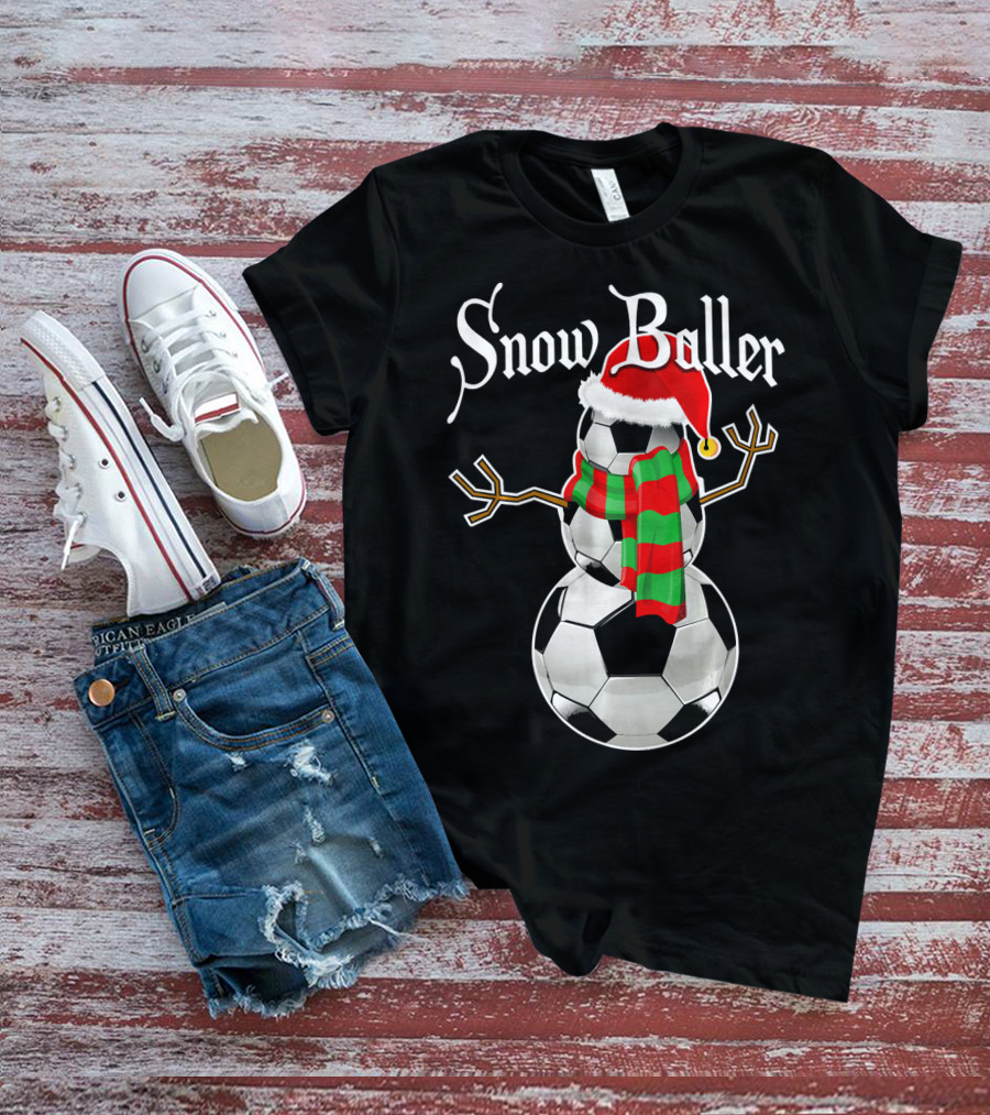 Snow Baller Soccer Christmas Snowman Santa Hat Soccer Balls T-Shirt