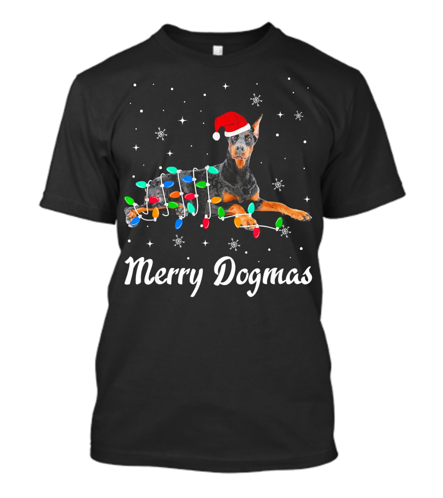 Merry Dogmas Christmas Doberman With Santa Hat And Festive Lights T-Shirt