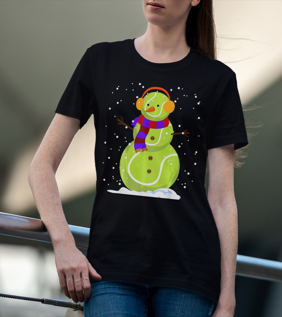 Dabbing Tennis Ball Snowman With Scarf And Earmuffs T-Shirt