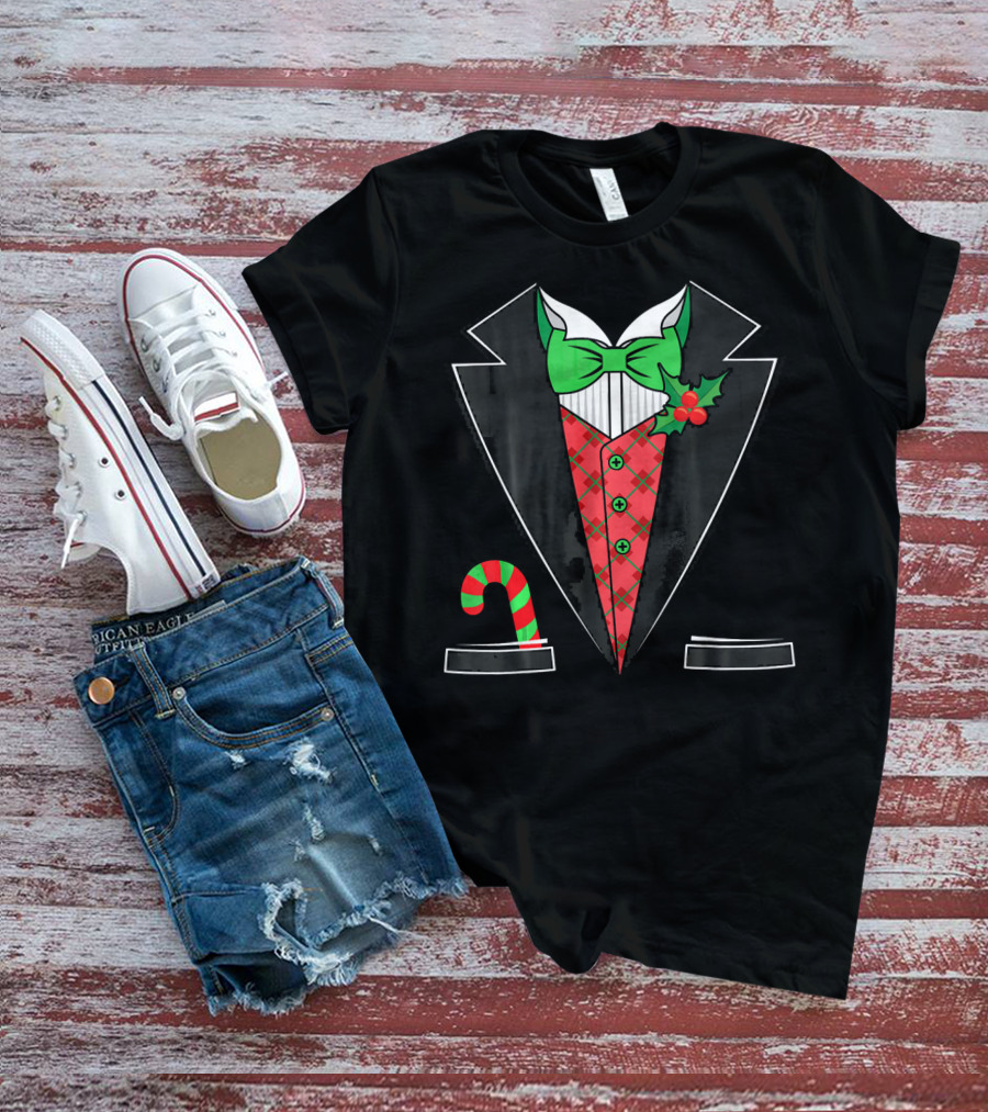 Christmas Tuxedo With Candy Cane Pattern And Festive Bow Tie T-Shirt