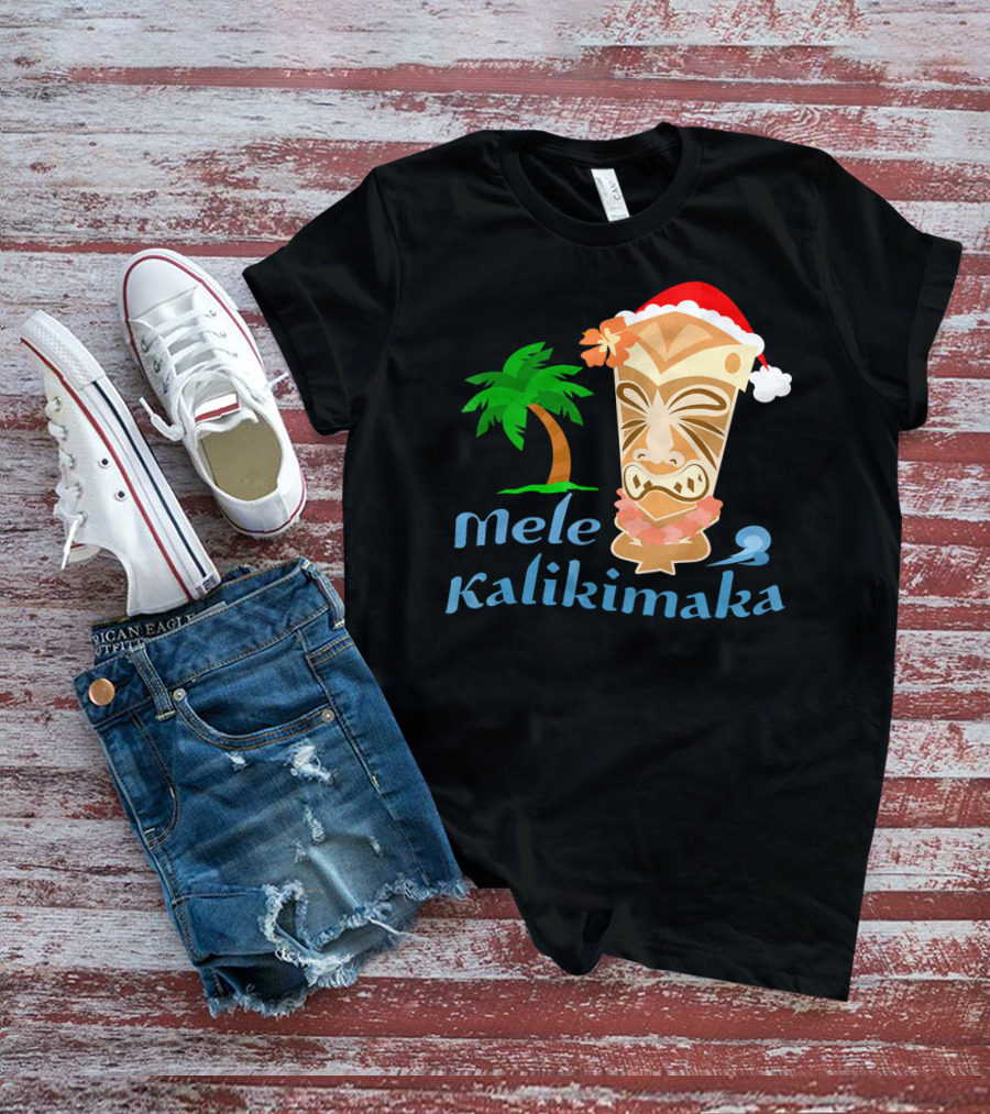 Mele Kalikimaka Hawaiian Christmas Tiki With Palm Tree And Santa Hat T-Shirt