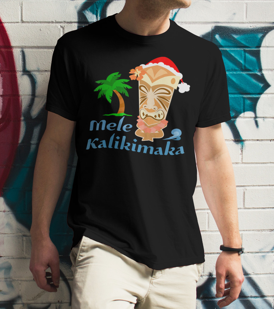 Mele Kalikimaka Hawaiian Christmas Tiki With Palm Tree And Santa Hat T-Shirt