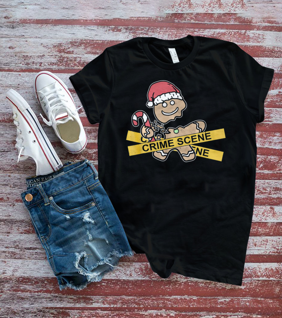 Gingerbread Cookie Crime Scene Santa Hat Candy Cane Christmas T-Shirt