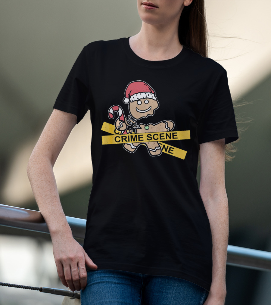 Gingerbread Cookie Crime Scene Santa Hat Candy Cane Christmas T-Shirt