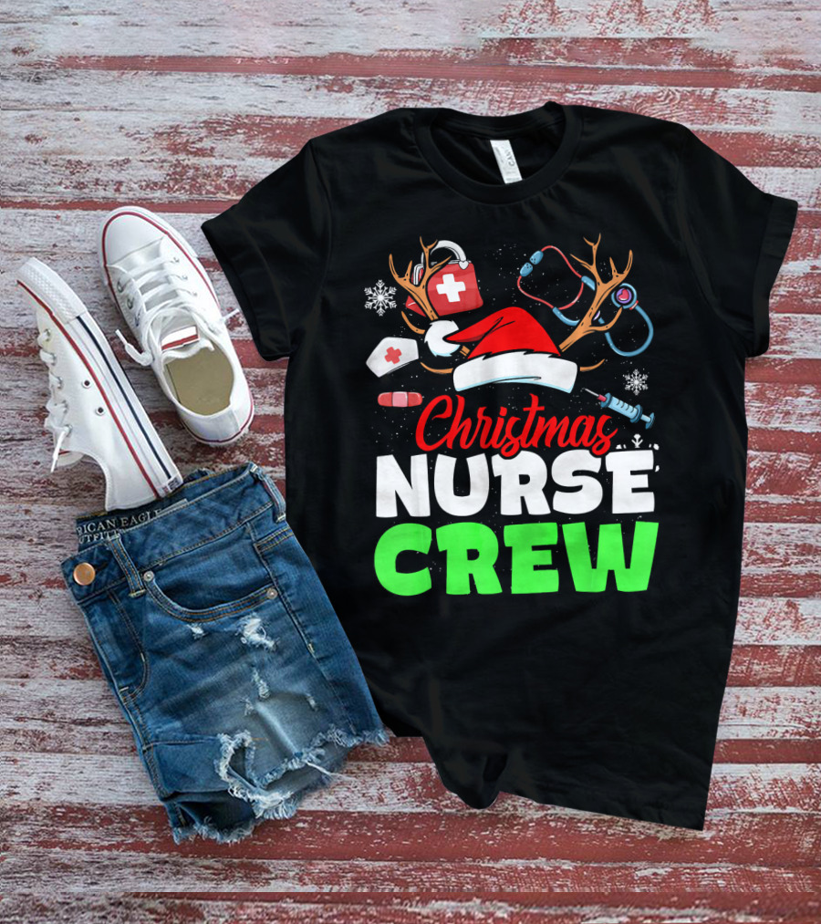 Christmas Nurse Crew Reindeer Antlers Stethoscope Santa Hat Snowflakes T-Shirt