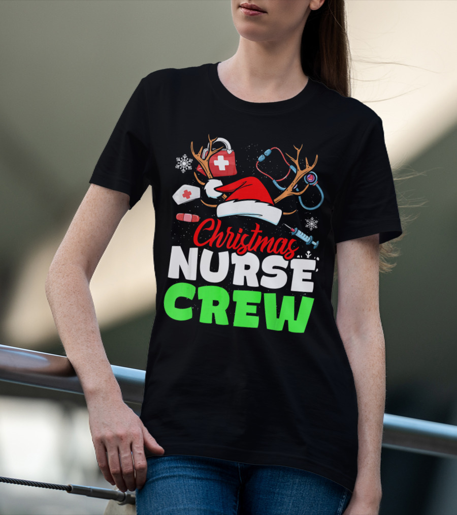 Christmas Nurse Crew Reindeer Antlers Stethoscope Santa Hat Snowflakes T-Shirt