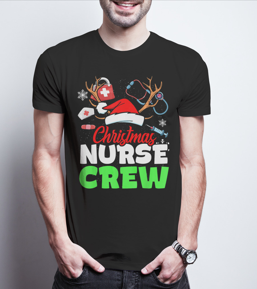Christmas Nurse Crew Reindeer Antlers Stethoscope Santa Hat Snowflakes T-Shirt