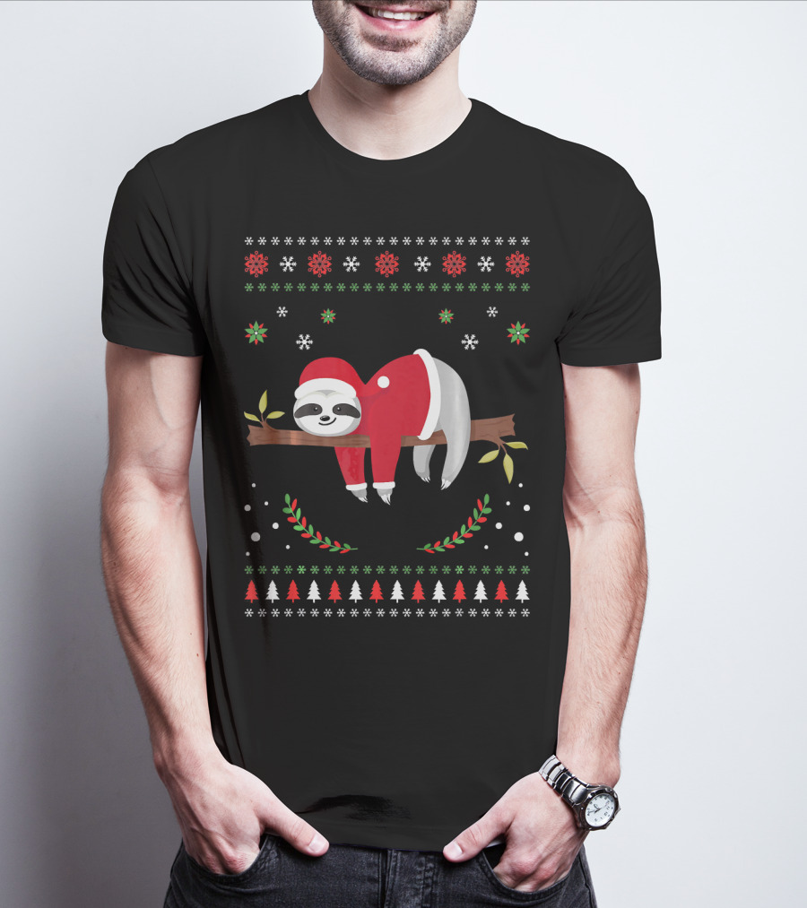 Sloth Christmas Holiday Sloth Santa Hat Snowflakes Festive Tree T-Shirt