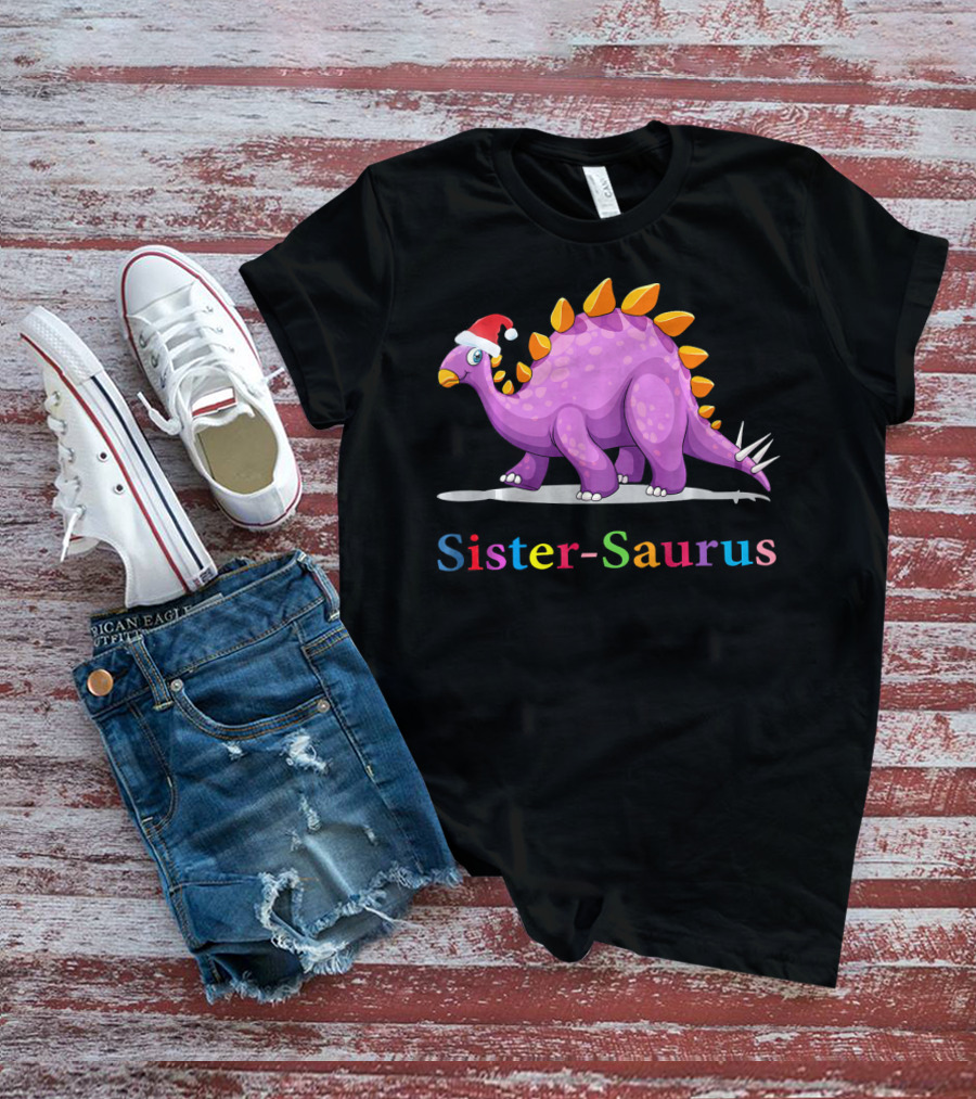 Sister-Saurus Dinosaur With Santa Hat T-Shirt