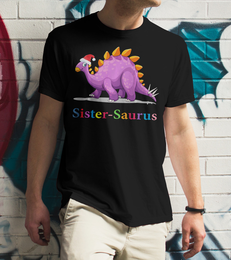 Sister-Saurus Dinosaur With Santa Hat T-Shirt