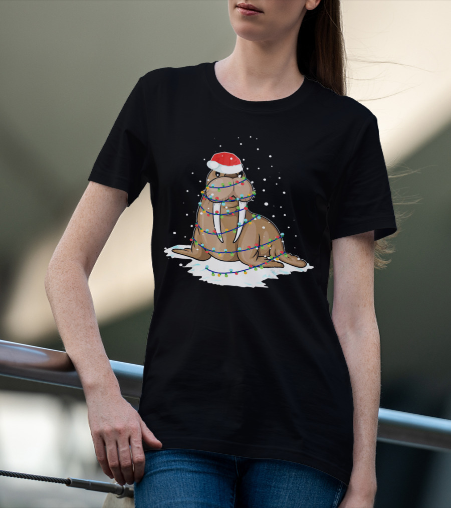 Walrus Wrapped In Christmas Lights With Santa Hat On Snow T-Shirt