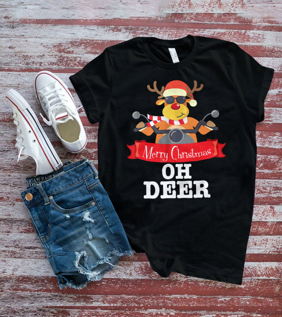 Merry Christmas Oh Deer Reindeer Motorcycle Santa Hat T-Shirt