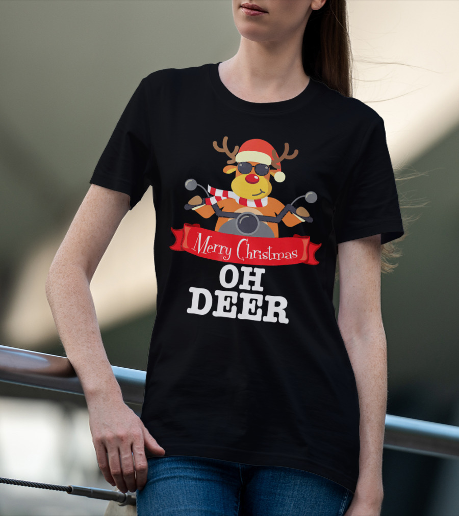 Merry Christmas Oh Deer Reindeer Motorcycle Santa Hat T-Shirt
