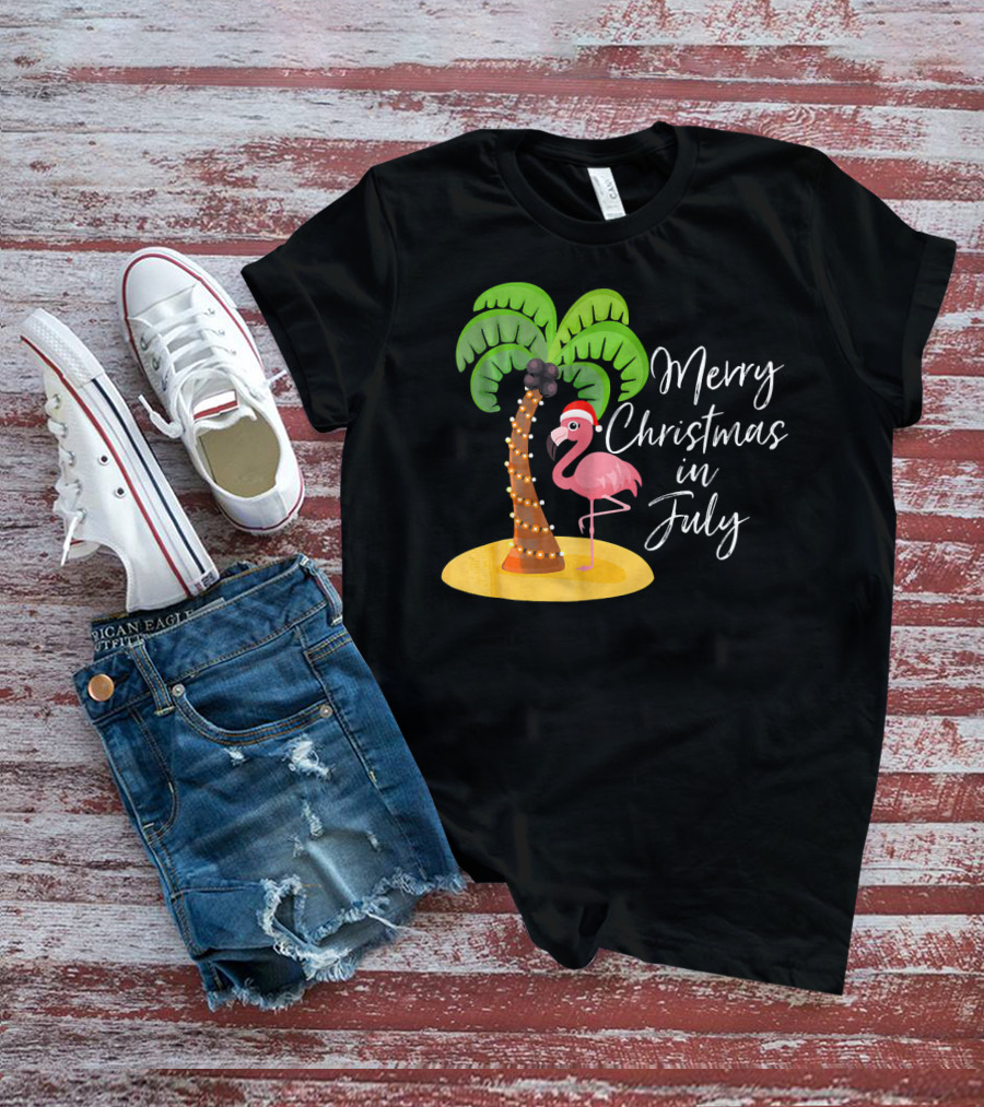 Merry Christmas In July Flamingo And Palm Tree T-Shirt