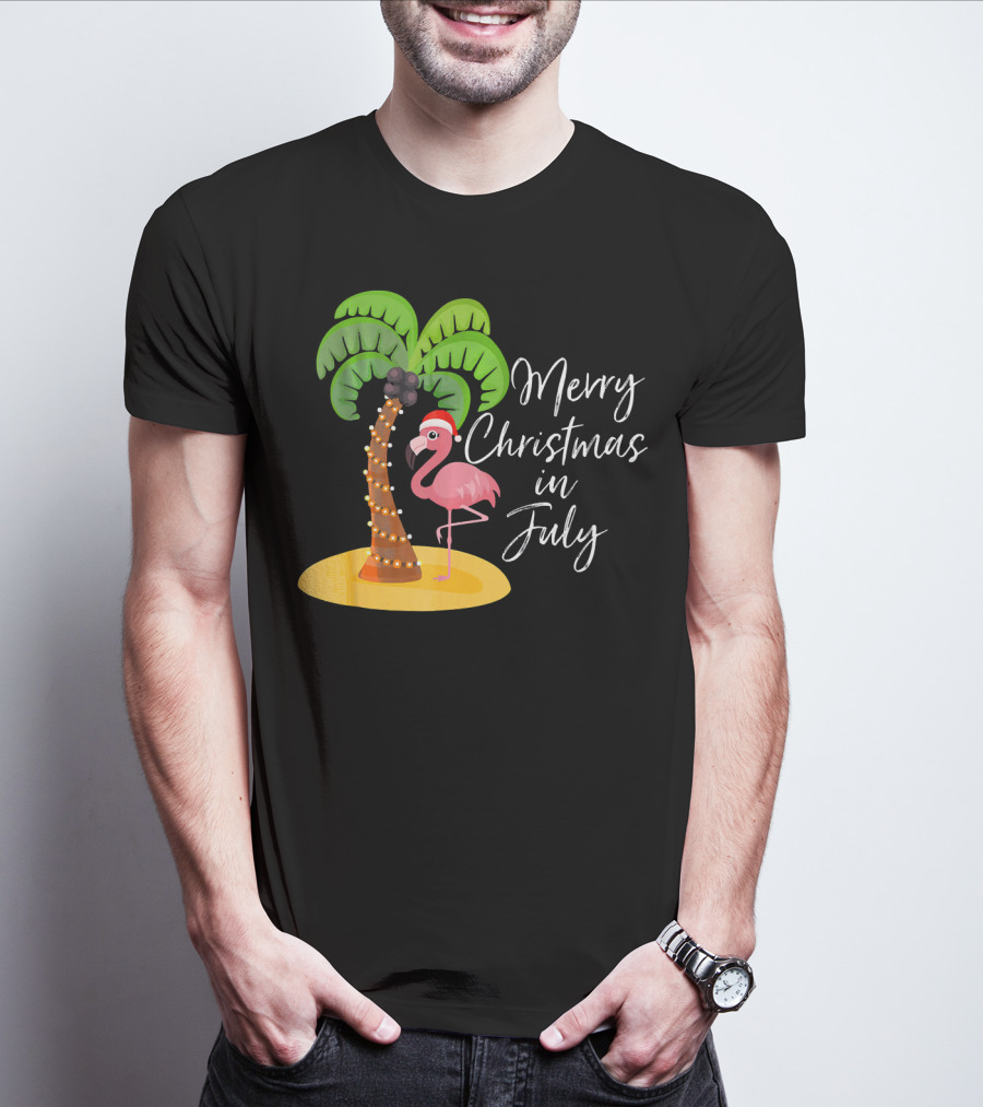 Merry Christmas In July Flamingo And Palm Tree T-Shirt