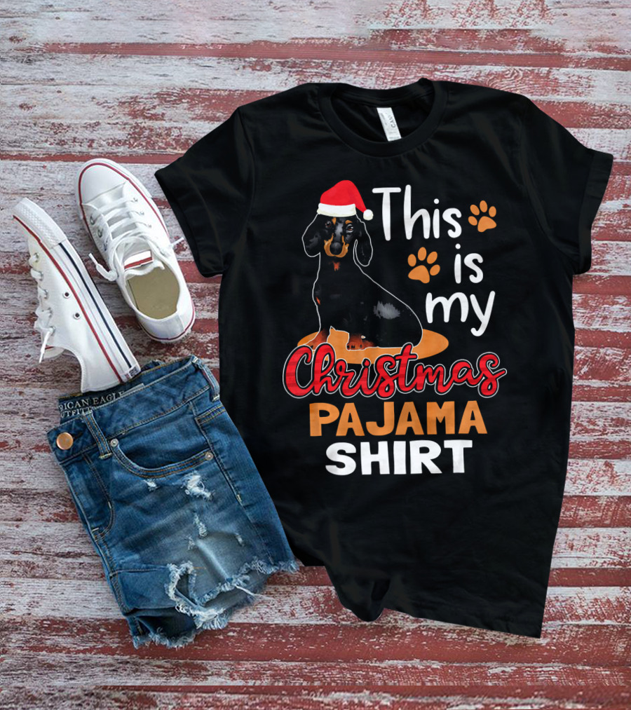 This Is My Christmas Pajama Shirt Dachshund Santa Hat Paw Prints T-Shirt