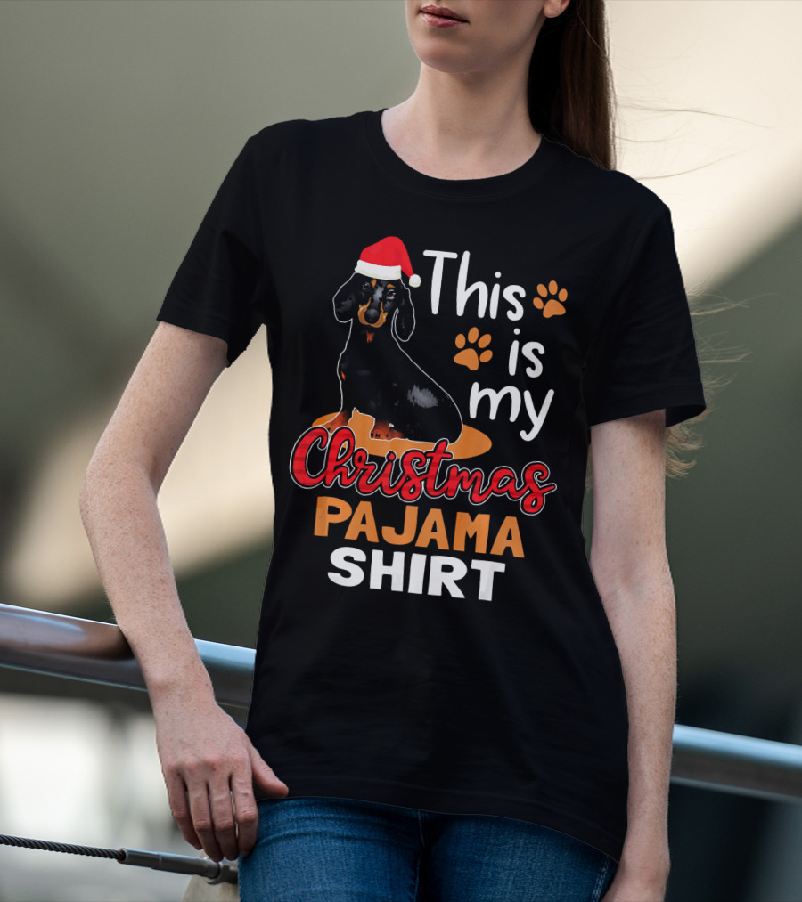 This Is My Christmas Pajama Shirt Dachshund Santa Hat Paw Prints T-Shirt