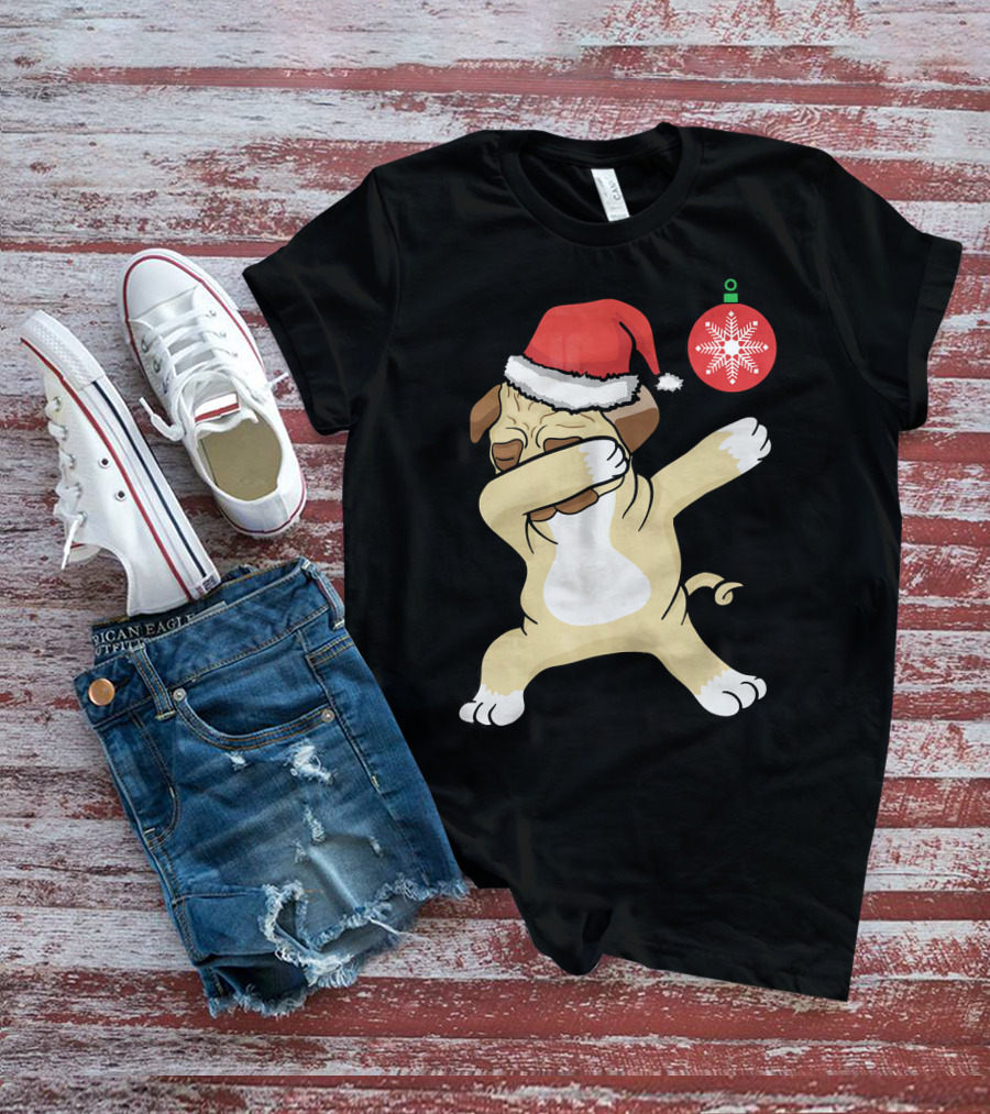 Christmas Pug Dabbing With Santa Hat And Red T-Shirt
