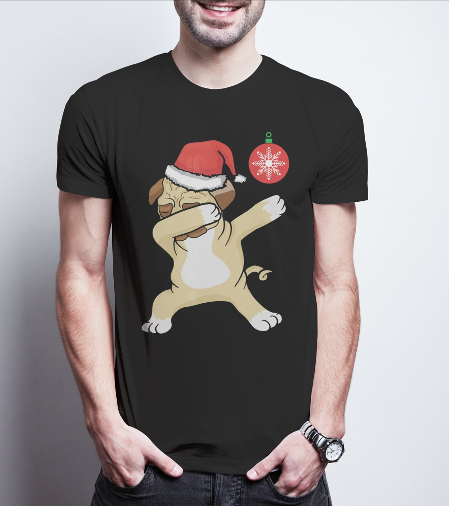 Christmas Pug Dabbing With Santa Hat And Red T-Shirt