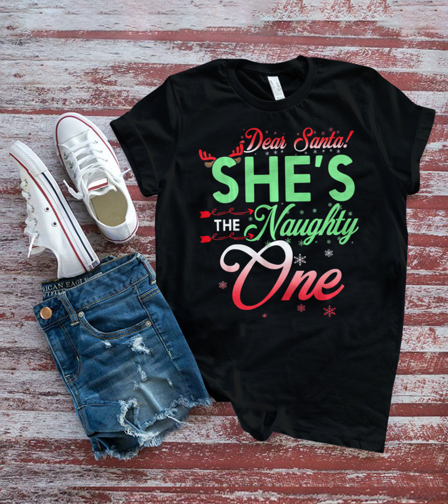 Dear Santa She's The Naughty One Christmas Couple Matching T-Shirt