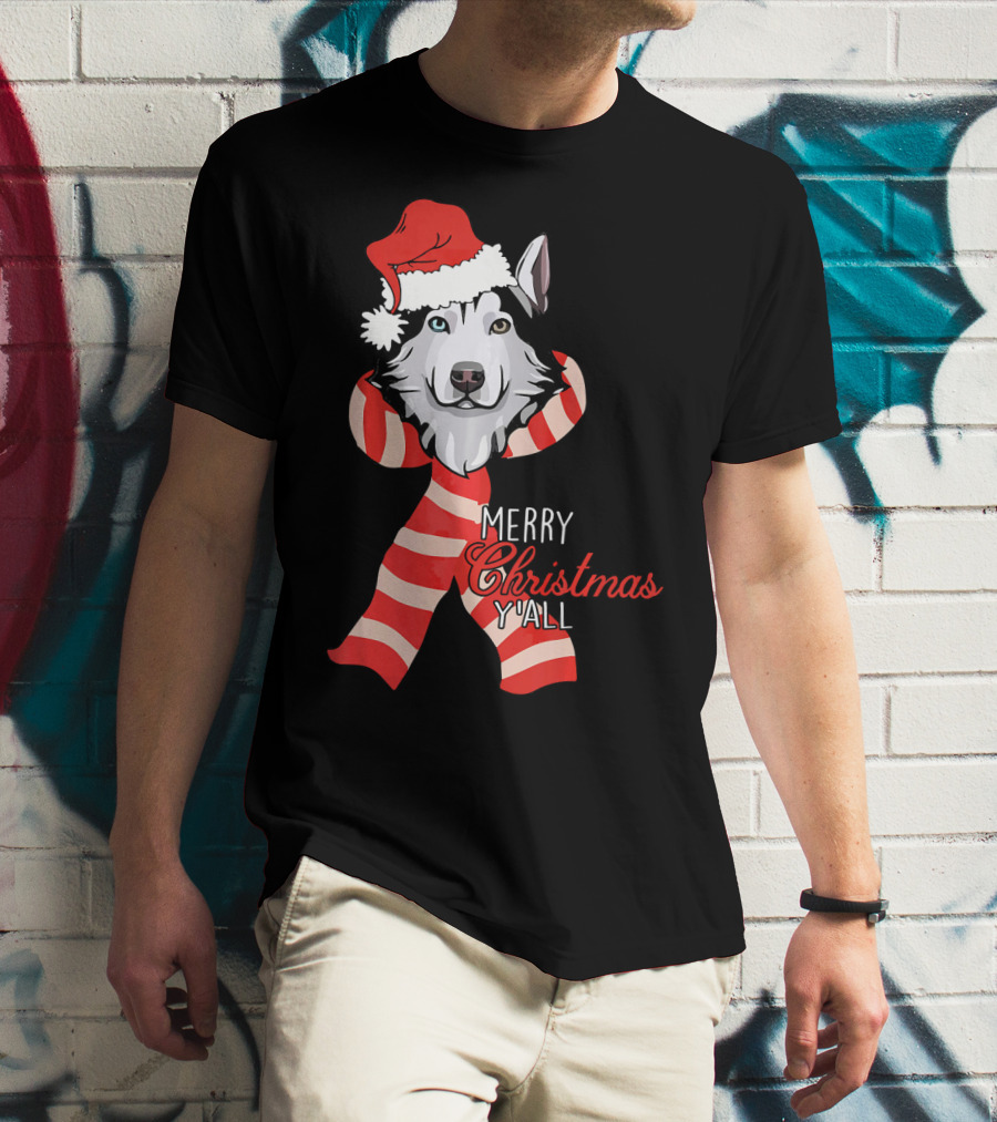 Merry Christmas Y'all Husky Dog In Santa Hat And Scarf T-Shirt