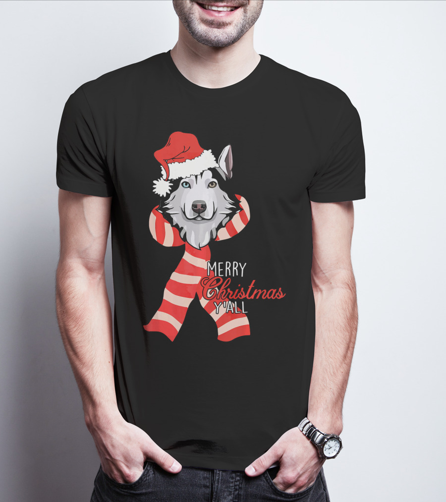 Merry Christmas Y'all Husky Dog In Santa Hat And Scarf T-Shirt