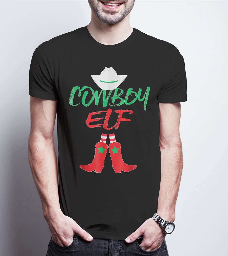 Cowboy Elf Christmas Hat Boots Men's Funny Holiday T-Shirt