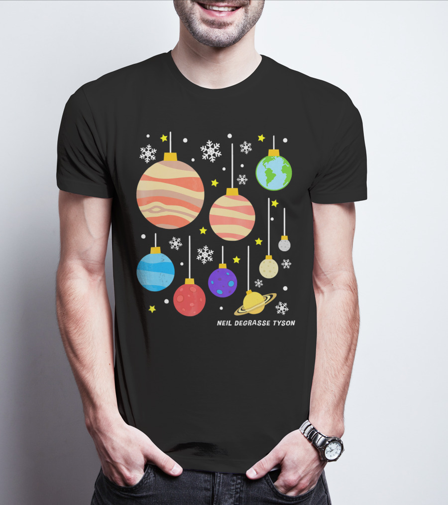 Neil DeGrasse Tyson Planets Hanging Ornaments Snowflakes Stars T-Shirt