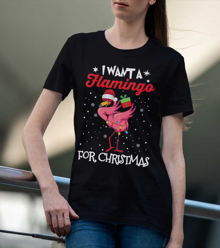 I Want A Flamingo For Christmas Santa Hat Lights Snowflakes Gift Box T-Shirt