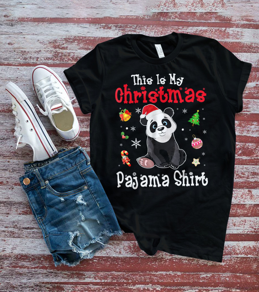 This Is My Christmas Pajama Shirt Panda Santa Hat Snowflakes Ornaments T-Shirt