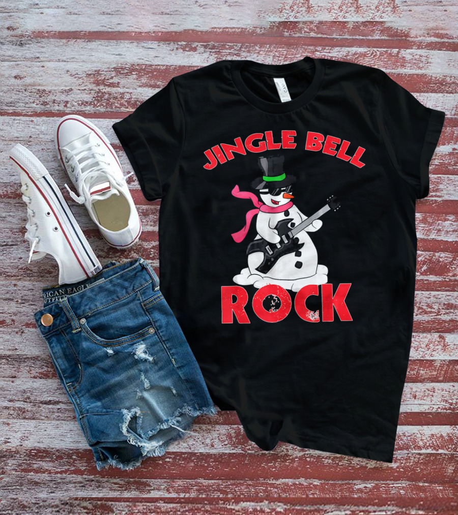 Jingle Bell Rock Snowman Playing Guitar With Top Hat And Scarf T-Shirt