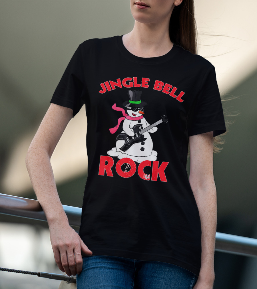 Jingle Bell Rock Snowman Playing Guitar With Top Hat And Scarf T-Shirt