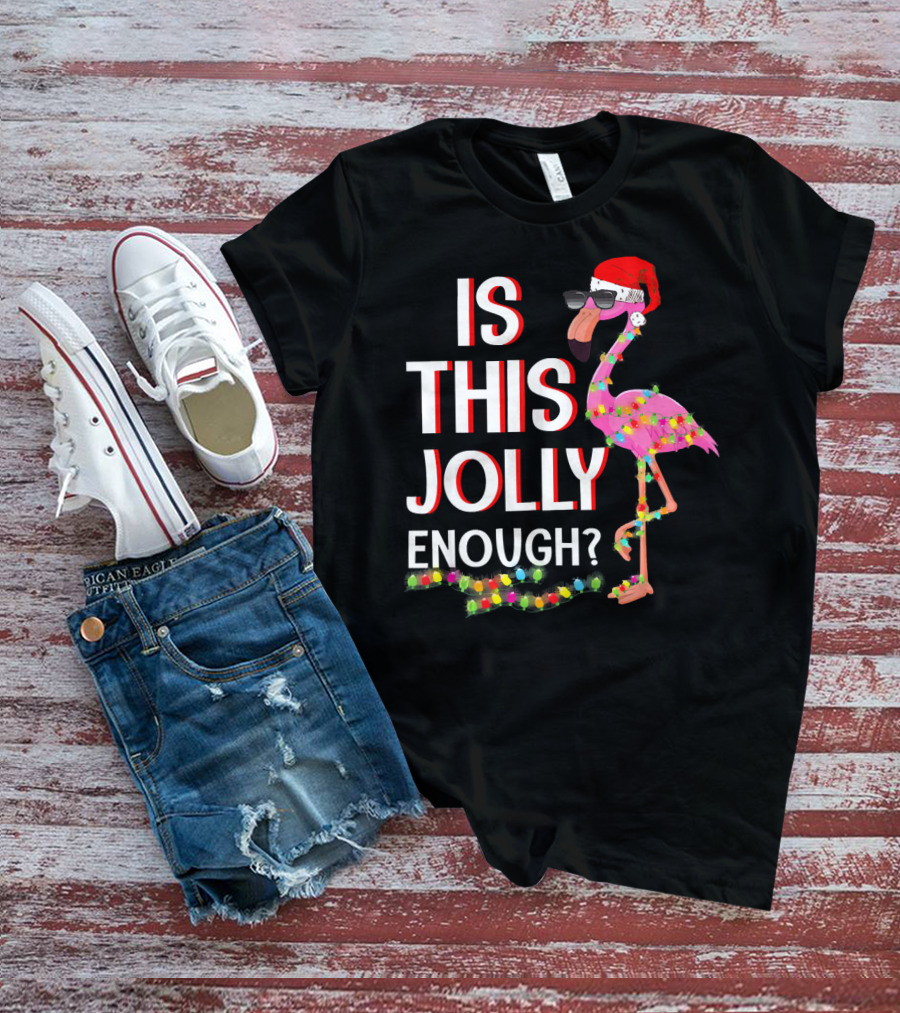 Is This Jolly Enough Flamingo Christmas Lights Santa Hat Sunglasses T-Shirt