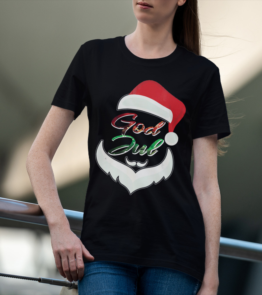 God Jul Norwegian Merry Christmas Santa Hat And Beard Design Norway T-Shirt