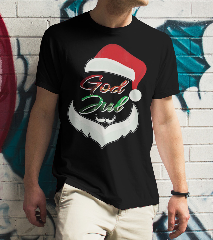 God Jul Norwegian Merry Christmas Santa Hat And Beard Design Norway T-Shirt