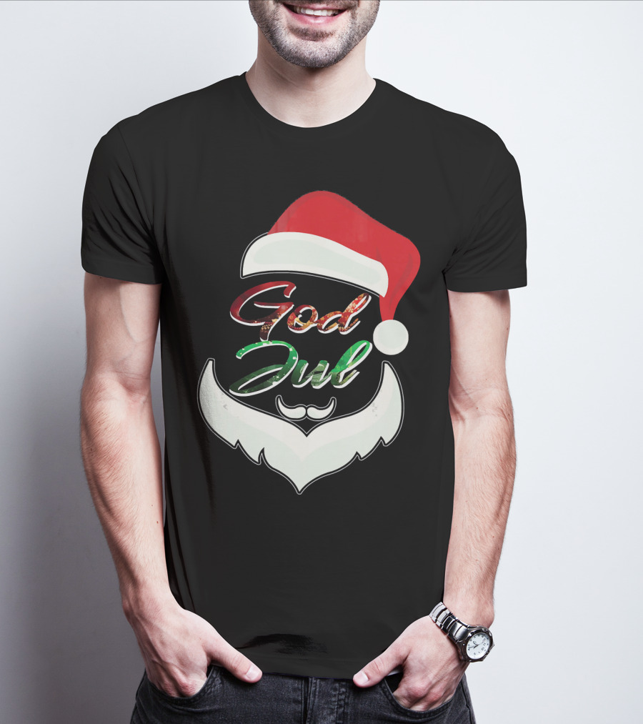 God Jul Norwegian Merry Christmas Santa Hat And Beard Design Norway T-Shirt