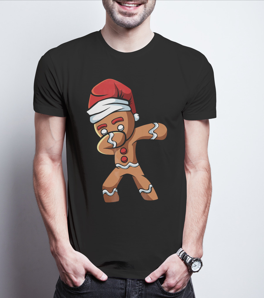 Dabbing Gingerbread Man Santa Hat Holiday Dance T-Shirt
