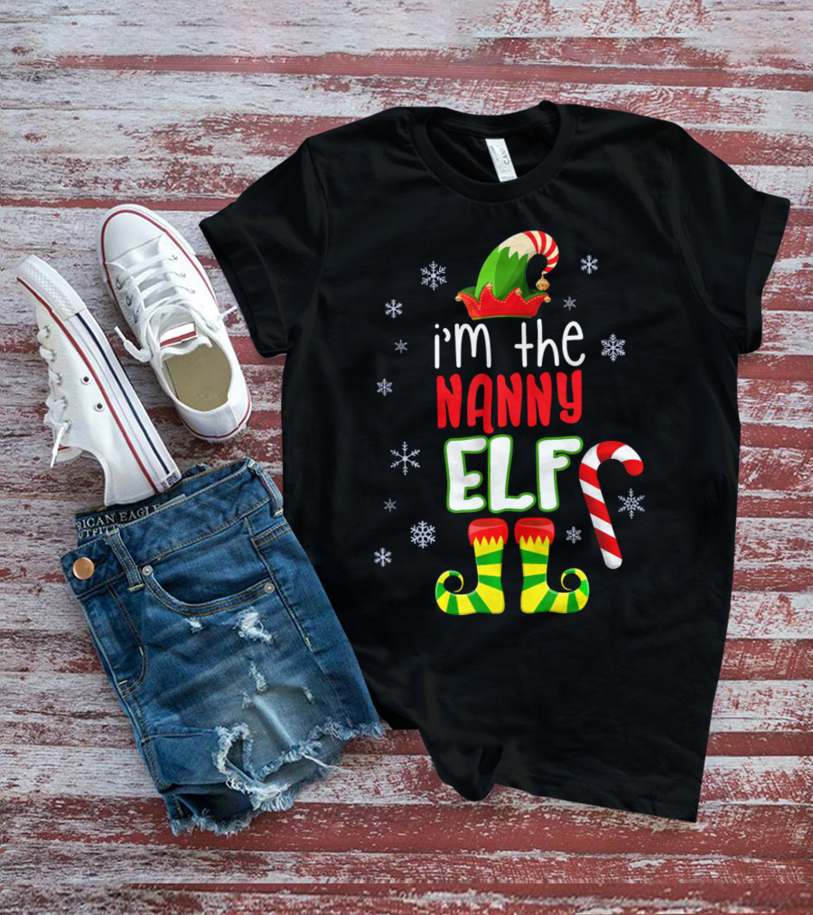I'm The Nanny Elf Christmas Snowflakes Candy Cane Hat Boots T-Shirt