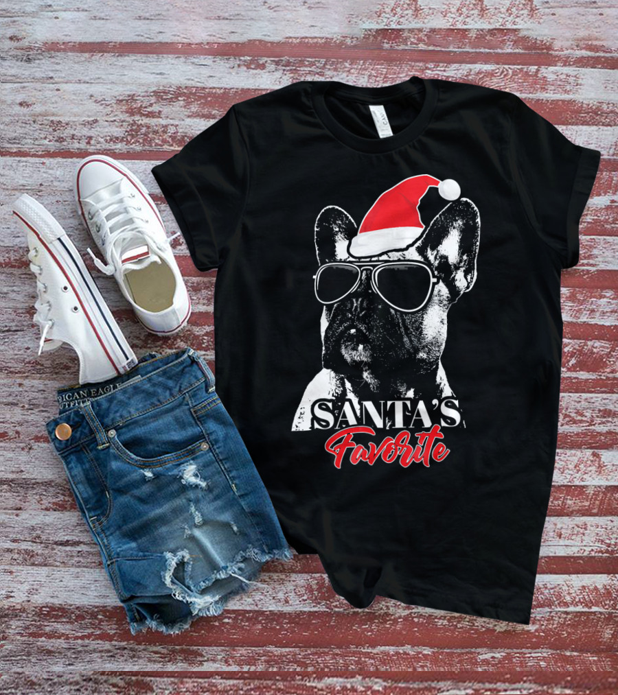 Santa's Favorite French Bulldog Wearing Sunglasses And Hat T-Shirt