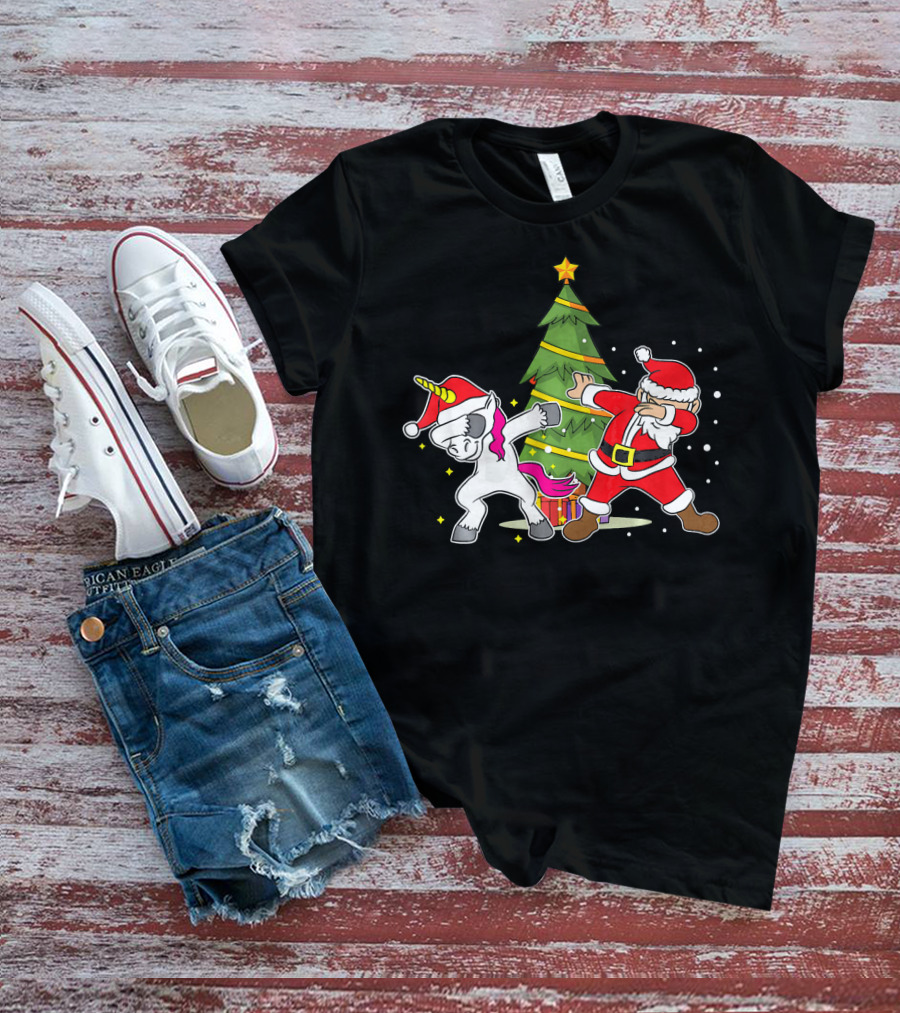 Dabbing Unicorn Xmas Christmas Santa Dance By Tree T-Shirt