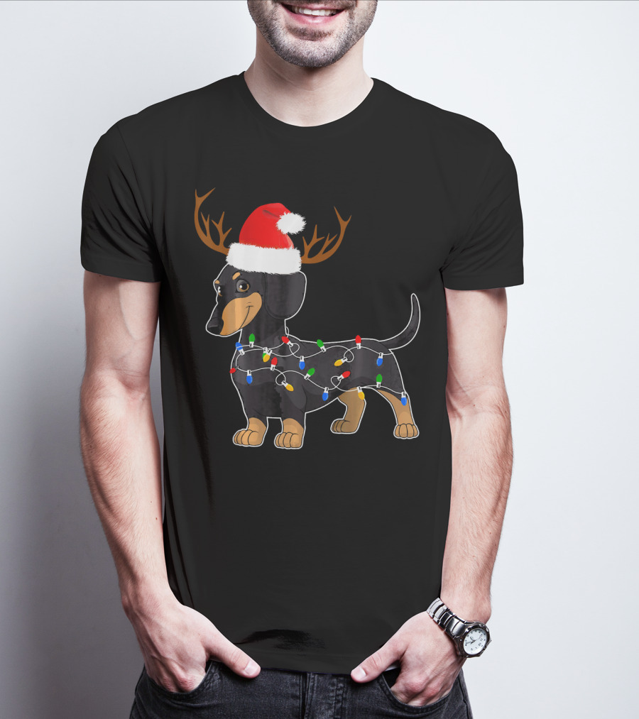 Dachshund Christmas Reindeer With Santa Hat And Holiday Lights T-Shirt