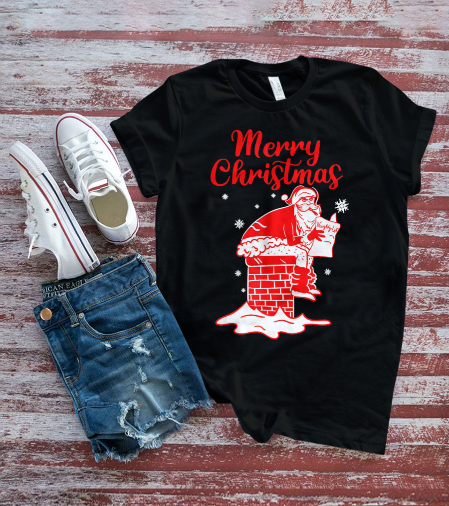 Merry Christmas Santa Pooping Naughty List Snowflakes Chimney T-Shirt