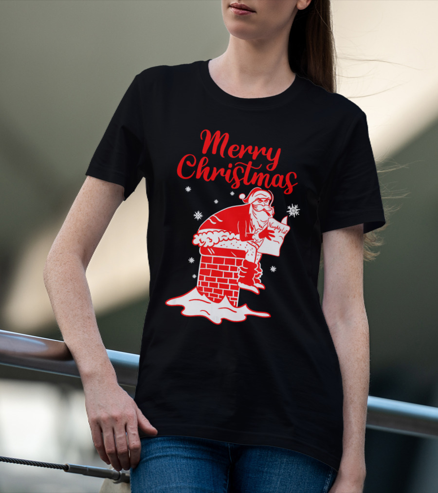 Merry Christmas Santa Pooping Naughty List Snowflakes Chimney T-Shirt