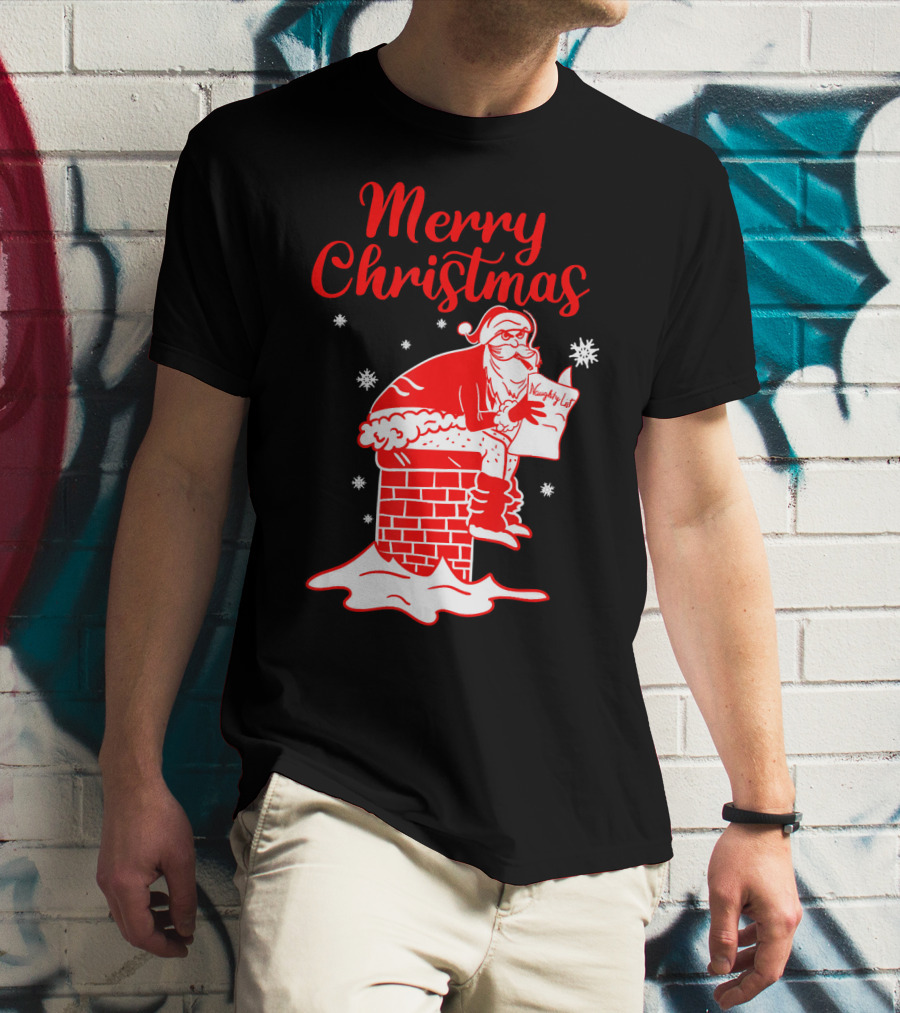 Merry Christmas Santa Pooping Naughty List Snowflakes Chimney T-Shirt