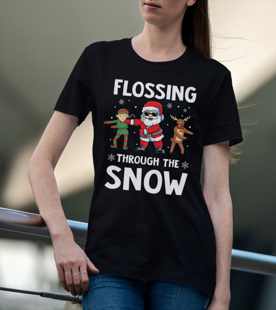 Flossing Through The Snow With Santa Elf And Reindeer T-Shirt
