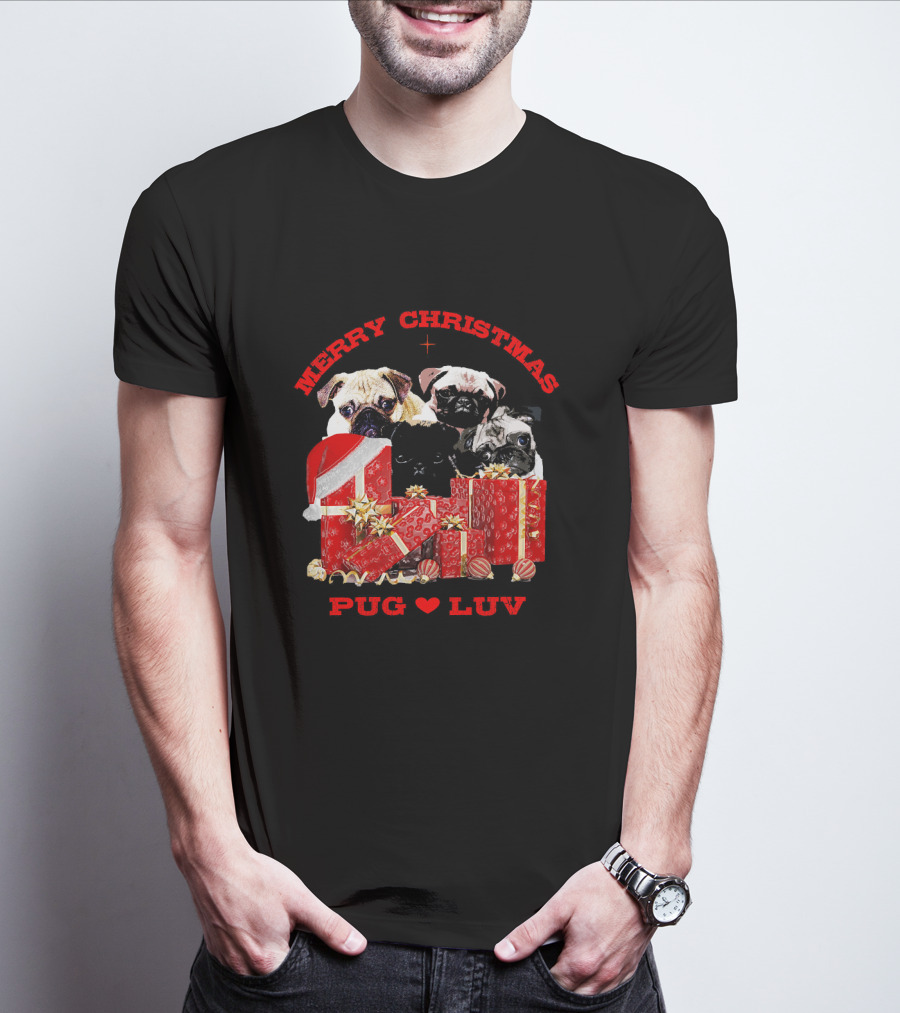 Merry Christmas Pug Luv With Pug Dogs And Gifts T-Shirt