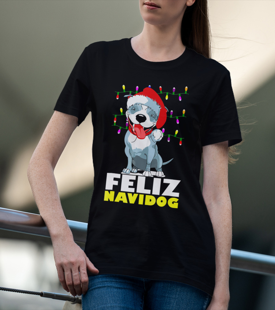 Feliz Navidog Pitbull In Santa Hat With Christmas Lights T-Shirt